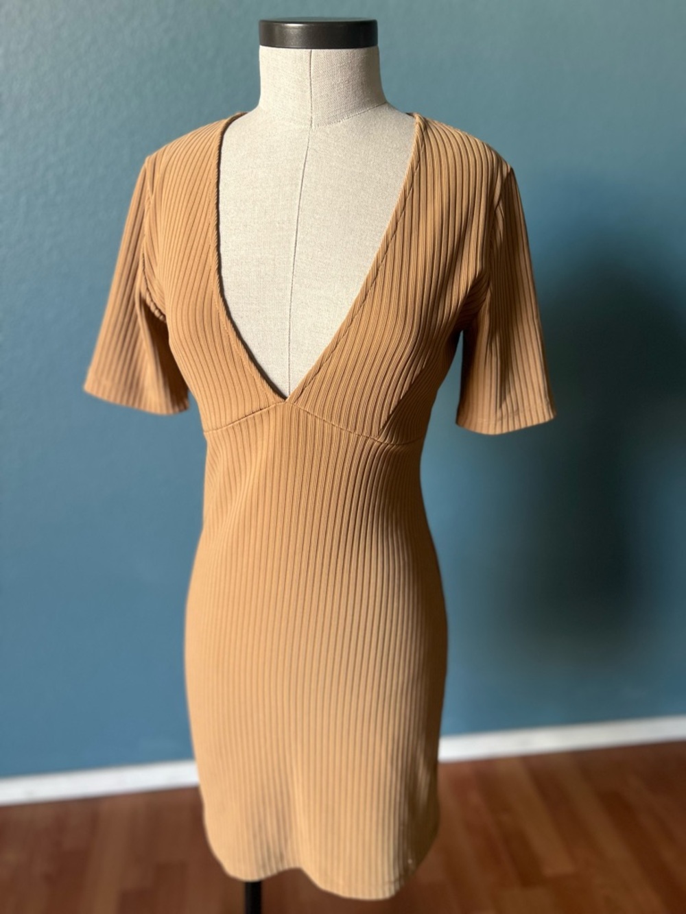 Forever 21 Ribbed Deep V-Neck Mini Dress in Camel bodycon dress spring summer